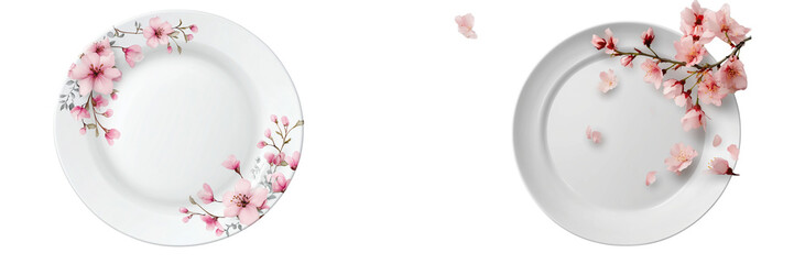 Set of a white plate with pink flowers, isolated on transparent background.