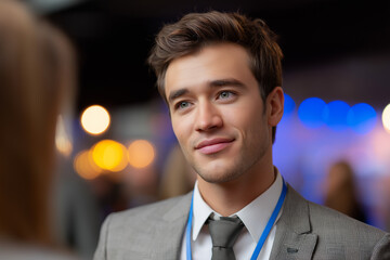 Young business leader networking at a professional tech conference with digital name badges and ambient lighting, capturing innovation, entrepreneurship, and corporate engagement in a modern event set