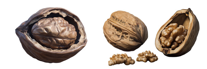 Set of a whole open walnut ,isolated on transparent background.