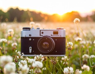 A heartfelt photo collection capturing timeless memories using a vintage camera in a field full of wildflowers during golden hour. These images evoke nostalgia, peace, and the art of analog photograph