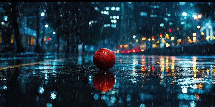 City court at night, red basketball glowing on rain-slicked surface