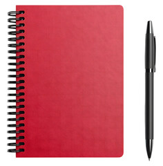 Red spiral notebook and pen isolated on transparent background
