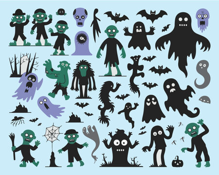 A halloween themed illustration featuring zombies ghosts bats and other spooky elements on a light blue background