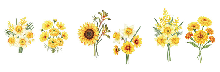 Sunny Yellow Watercolor Flower Collection: A Bright Assortment of Hand-Painted Blooms, Including Sunflowers and Daffodils, Perfect for Cheerful Designs