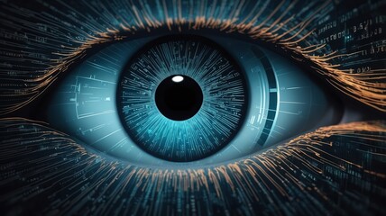 A close up of a blue eye with digital lines and code surrounding it in a futuristic style