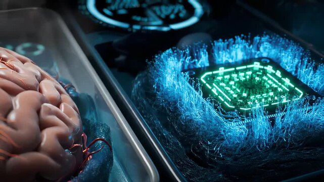 A Direct Comparison Between a Human Brain and a Computer CPU in a Futuristic Laboratory, Exploring the Themes of Organic vs Artificial Intelligence, Ideal for Tech Documentaries.