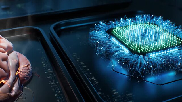 A Cinematic Shot Contrasting an Organic Brain with Glowing Neurons Against a High-Performance CPU with Digital Energy, Ideal for AI and Singularity Concepts