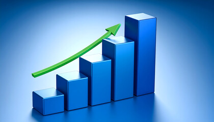 Blue Bar Graph with Green Arrow Indicating Upward Growth and Success