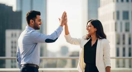 Business Partnership Triumph: Colleagues High-Fiving with City View