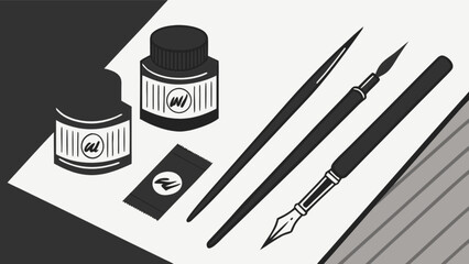 Calligraphy art supplies ink and pen set for artistic writing and drawing creative design concept tools