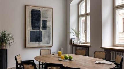 Fototapeta premium Interior scene with an abstract art piece above a dining table.