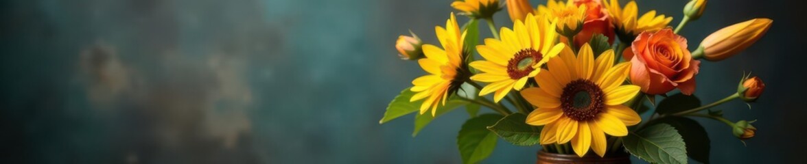 Vibrant sunflowers, roses, and lilies in a rustic vase , summer, sunflowers