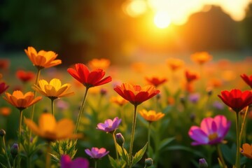 Vibrant wildflowers bathed in golden sunrise light , amazing, texas landscape, flora