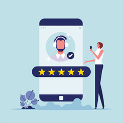 User experiences or customer support review concept, friendly support representative actively assists customers, customer giving 5 stars review for quality service