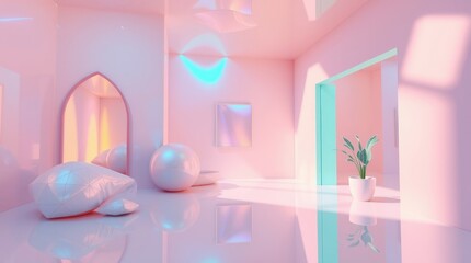 Pastel dreams A whimsical pink room with soft lighting modern art and tranquil atmosphere for peaceful relaxation and