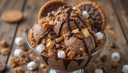 Chocolate Ice Cream Sundae Delight Cookies Marshmallows Fudge for a Sweet Treat Delicious dessert photography for food