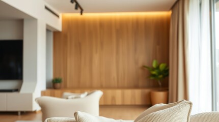 Modern Living Room Interior Stylish Home Decor Cozy Beige Armchair Wood Paneling Wall Natural Light Elegant Design