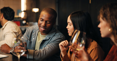 Phone, friends and people in restaurant talking for bonding, social gathering and online dating. Smartphone, bar and man with woman in conversation for reunion, connection and hangout on night out