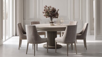 A round dining table with upholstered chairs in a light beige color.