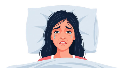 Sad Woman Crying in Bed.. A detailed and professional representation of tears, sadness, depression.