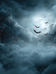 Bats flying in a cloudy night sky with full moon Halloween