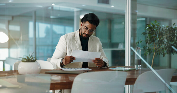 Business, documents and man in office, thinking and reading with audit checklist. Financial agency, employee and corporate professional with investment, problem solving and budget report with choice