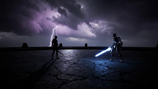 An Epic Duel Between a Human Warrior and a Robot with a Glowing Energy Sword, Set on a Desolate Platform During a Lightning Storm, Ideal for a Sci-Fi Action Movie.