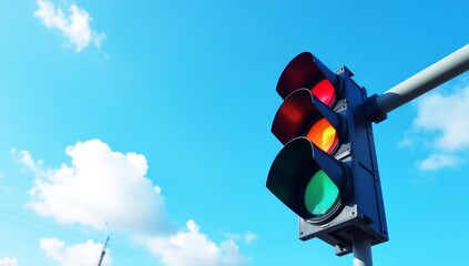 Green traffic light against a clear blue sky, a signal for safety on the road. Political concept of coalition. Possible scenario of compromise in decision-making process. Good photo for political 