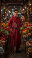 Fototapeta premium Elegant man in traditional red robe holding pastry at vibrant market stall with fresh produce
