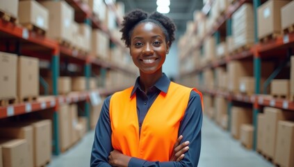 African American woman warehouse worker, looking at camera smiling. Logistics, shipping industry. Smiling Hispanic man, a business worker, stands in a retail warehouse.