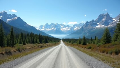 Fototapeta premium Snow-capped mountains tower over an asphalt road winding through a summer landscape, inviting travel through nature's peaks