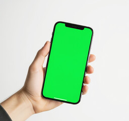 Hand holding a smartphone with a green screen for chroma key. Isolated on a white background. Perfect for app, website, or marketing mockups