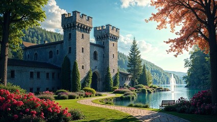 An old brick castle with towers and a road leading to the gate near a mountain lake with a waterfall. AI generated
