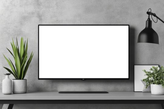 Wall-mounted flat TV on concrete background
