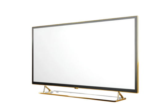 Widescreen TV with gold frame and tripod legs
