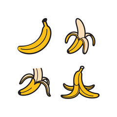 Four hand drawn illustrations of bananas in different stages of being peeled