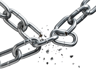 Snapped Metal Chain Links Breaking Apart, Symbol of Freedom, isolated