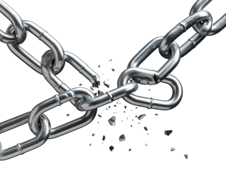 Snapped Metal Chain Links Breaking Apart, Symbol of Freedom, isolated