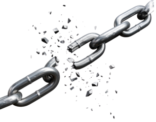 Snapped Metal Chain Links Breaking Apart, Symbol of Freedom, isolated