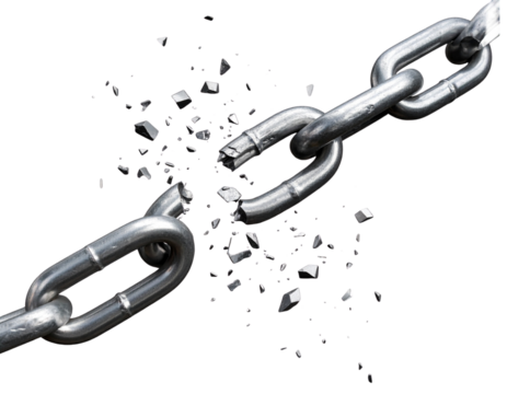 Snapped Metal Chain Links Breaking Apart, Symbol of Freedom, isolated