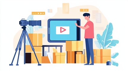 A person filming video on a tablet, surrounded by boxes and equipment