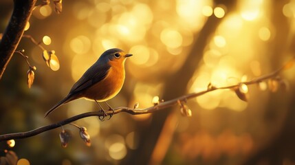 A robin perched on a branch bathed in golden sunlight