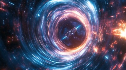 A swirling vortex in space, with a ship passing through a cosmic tunnel