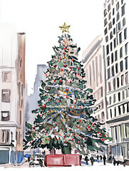 Watercolor Green Red Christmas Tree Cityscape Background with Copy Space