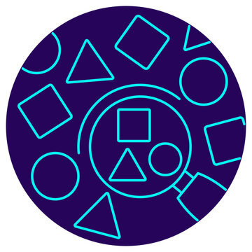 Data sampling icon. Vector pictogram with thin blue lines on a dark round background, depicting a magnifier selecting shapes from a set of circles, squares, and triangles