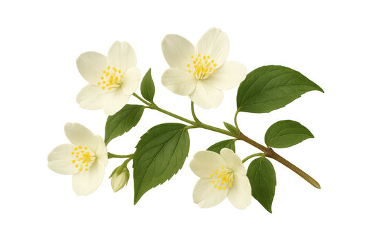 Philadelphus or mock-orange branch with delicate white flowers and green leaves isolated on transparent background