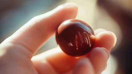 Close-up of a hand holding a dark, round candy