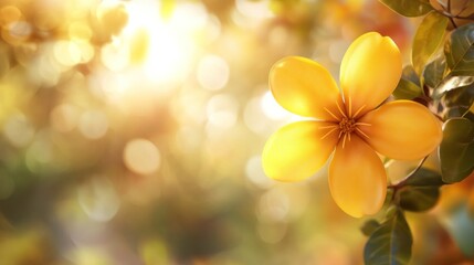 Close-up of a vibrant yellow flower, bathed in warm sunlight, with a bokeh background