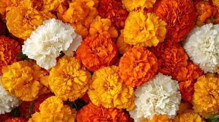 Close-up of vibrant marigolds and carnations