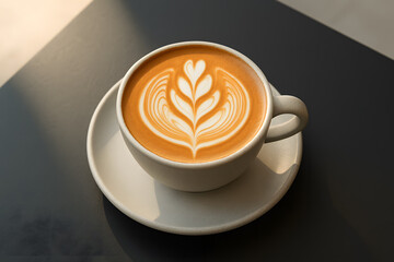 Beautiful Latte Art in White Cup and Saucer on Tabletop for Café, Breakfast, and Beverage Branding Concepts